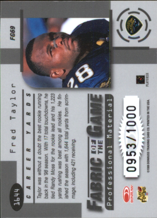 1999 Leaf Certified Fabric of the Game #FG69 Fred Taylor/1000 back image
