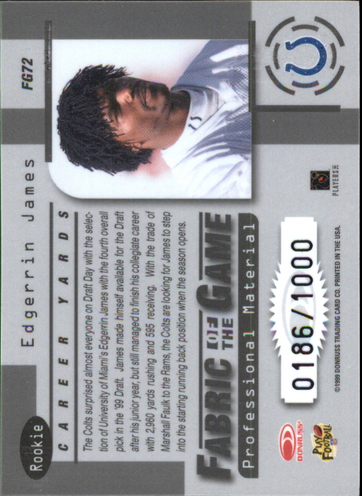 1999 Leaf Certified Fabric of the Game #FG72 Edgerrin James/1000 back image