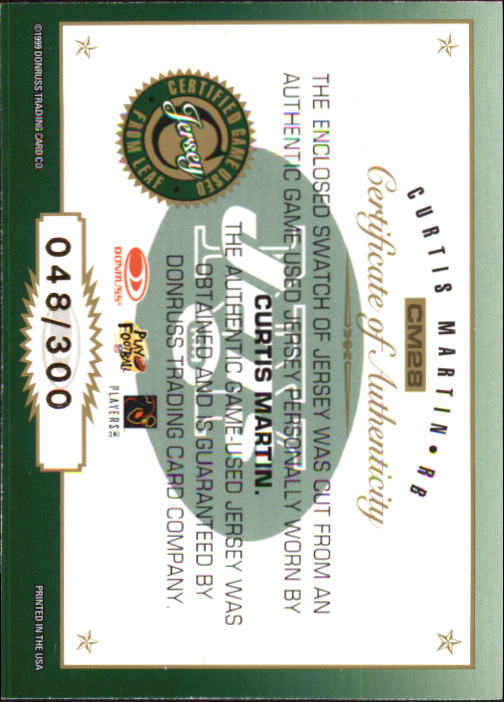 1999 Leaf Certified Gridiron Gear #CM28 Curtis Martin back image