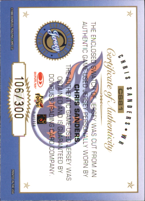 1999 Leaf Certified Gridiron Gear #CS81 Chris Sanders back image