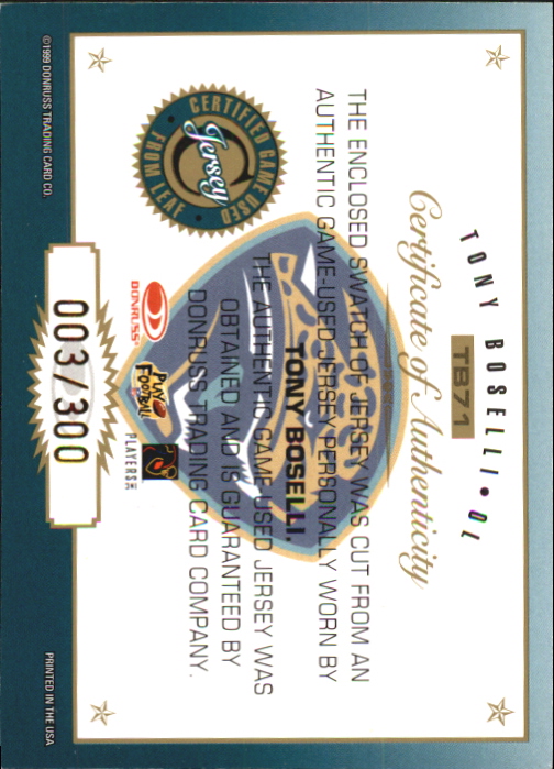 1999 Leaf Certified Gridiron Gear #TB71 Tony Boselli back image