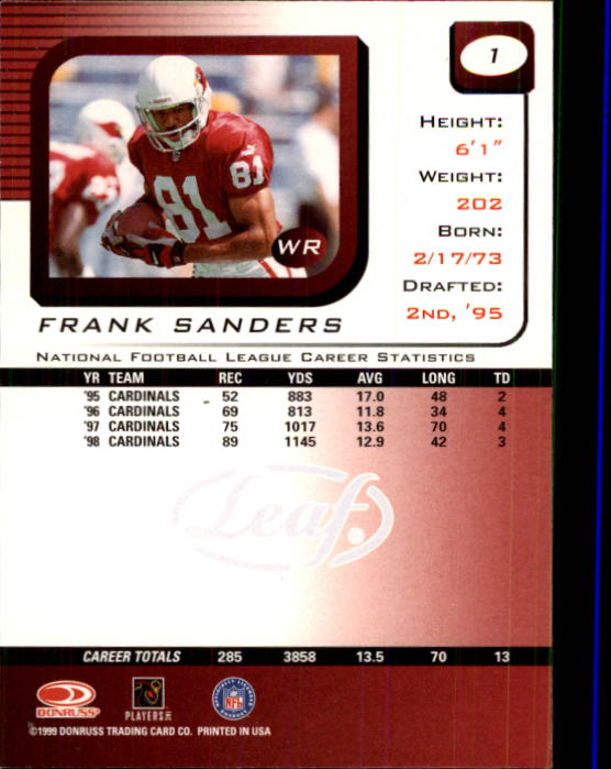 1999 Leaf Rookies and Stars #1 Frank Sanders back image