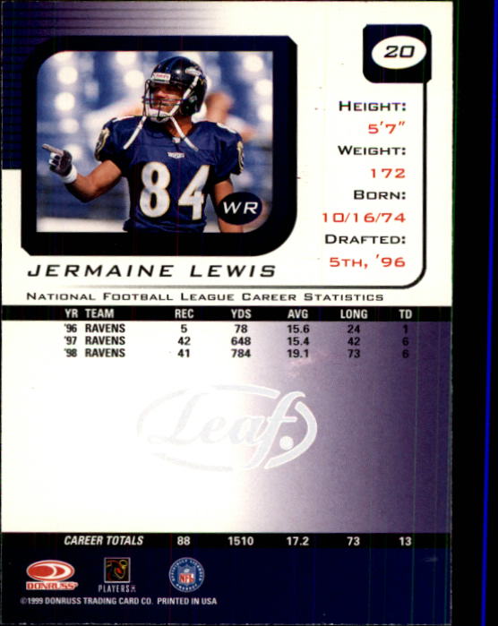 1999 Leaf Rookies and Stars #20 Jermaine Lewis back image