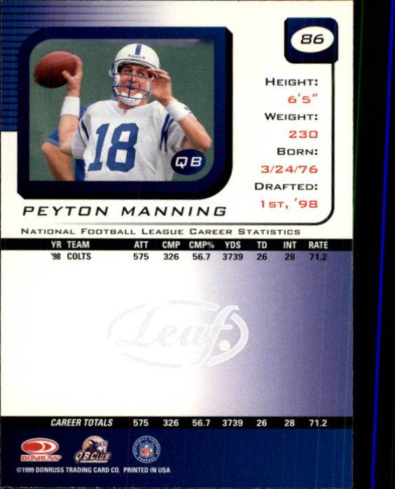 1999 Leaf Rookies and Stars #86 Peyton Manning back image