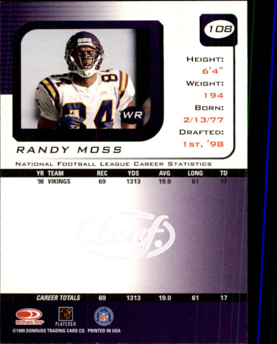 1999 Leaf Rookies and Stars #108 Randy Moss back image