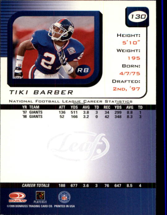1999 Leaf Rookies and Stars #130 Tiki Barber back image