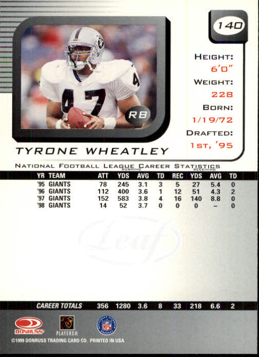 1999 Leaf Rookies and Stars #140 Tyrone Wheatley back image