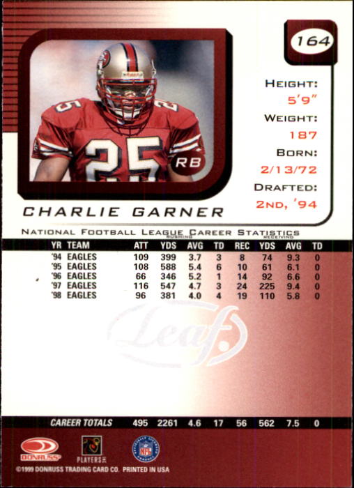 1999 Leaf Rookies and Stars #164 Charlie Garner back image