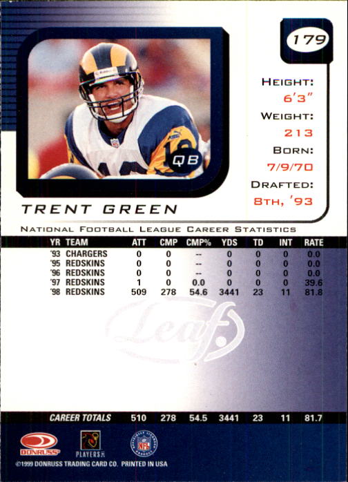 1999 Leaf Rookies and Stars #179 Trent Green back image