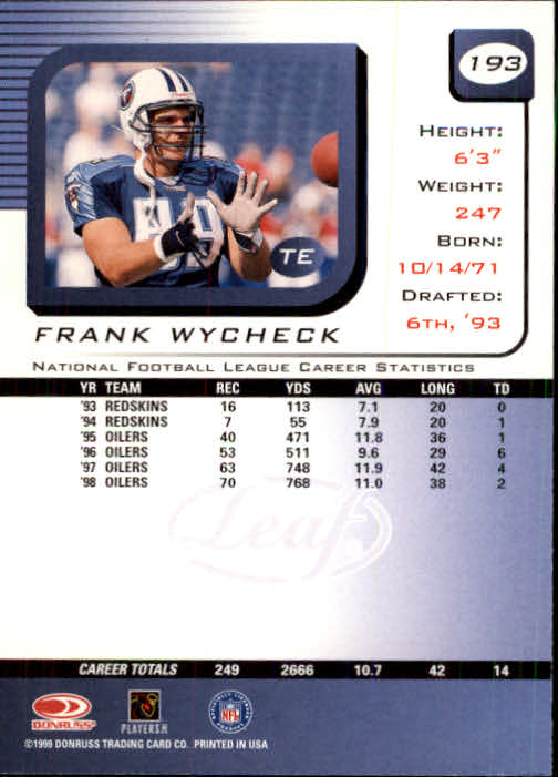 1999 Leaf Rookies and Stars #193 Frank Wycheck back image