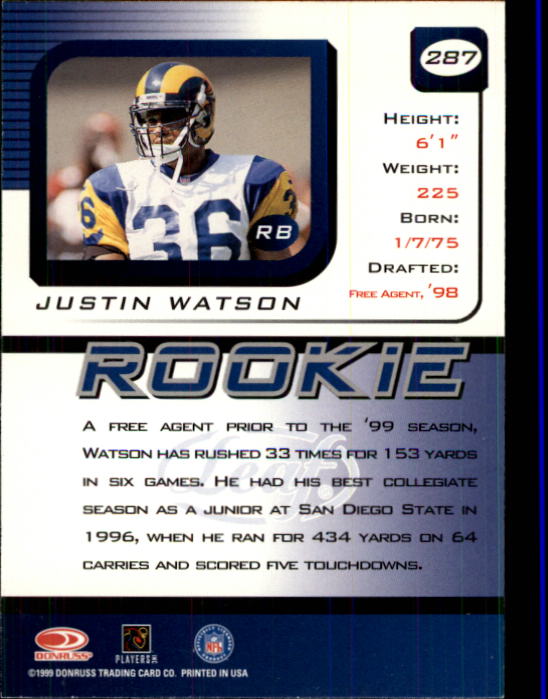 1999 Leaf Rookies and Stars #287 Justin Watson RC back image