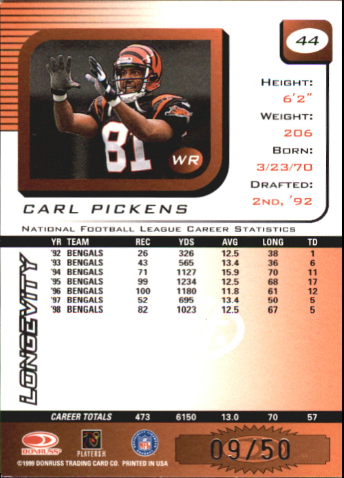 1999 Leaf Rookies and Stars Longevity #44 Carl Pickens back image