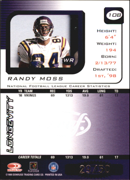 1999 Leaf Rookies and Stars Longevity #108 Randy Moss back image