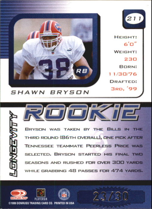 1999 Leaf Rookies and Stars Longevity #211 Shawn Bryson back image