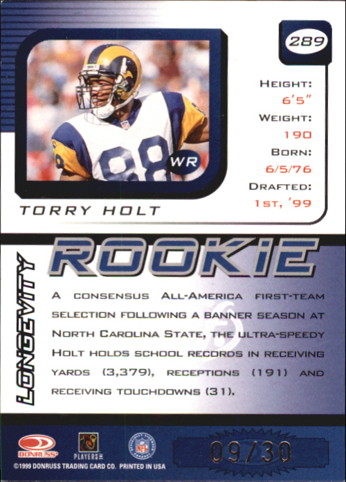 1999 Leaf Rookies and Stars Longevity #289 Torry Holt back image