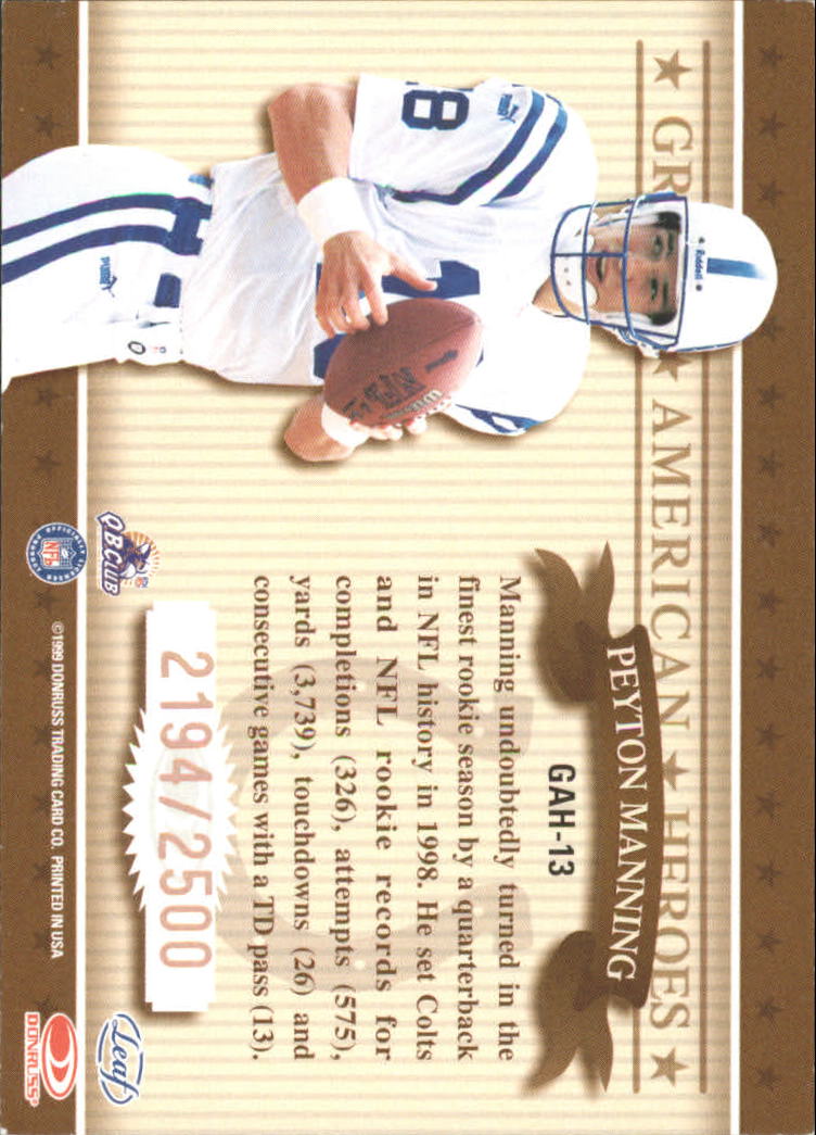 1999 Leaf Rookies and Stars Great American Heroes #13 Peyton Manning back image