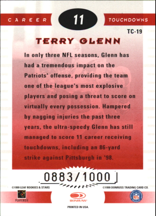 1999 Leaf Rookies and Stars Touchdown Club #TC19 Terry Glenn back image