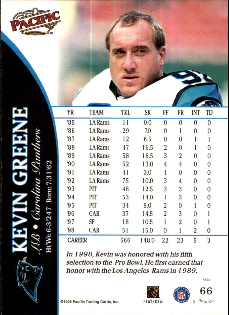 1999 Pacific #66 Kevin Greene back image