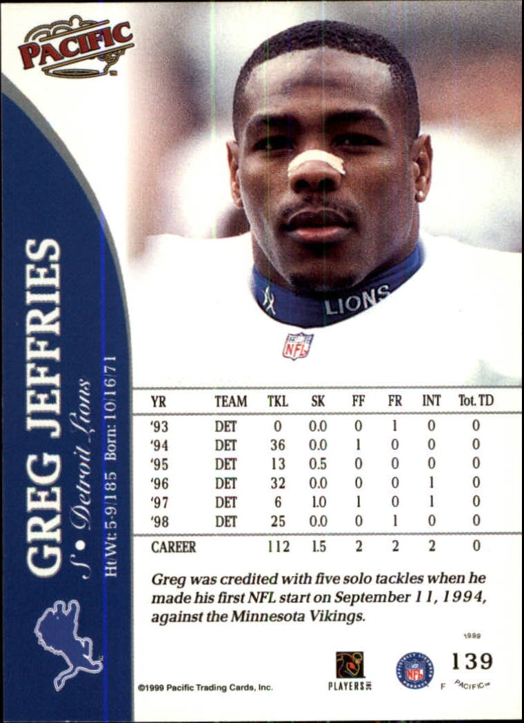 1999 Pacific #139 Greg Jeffries RC back image