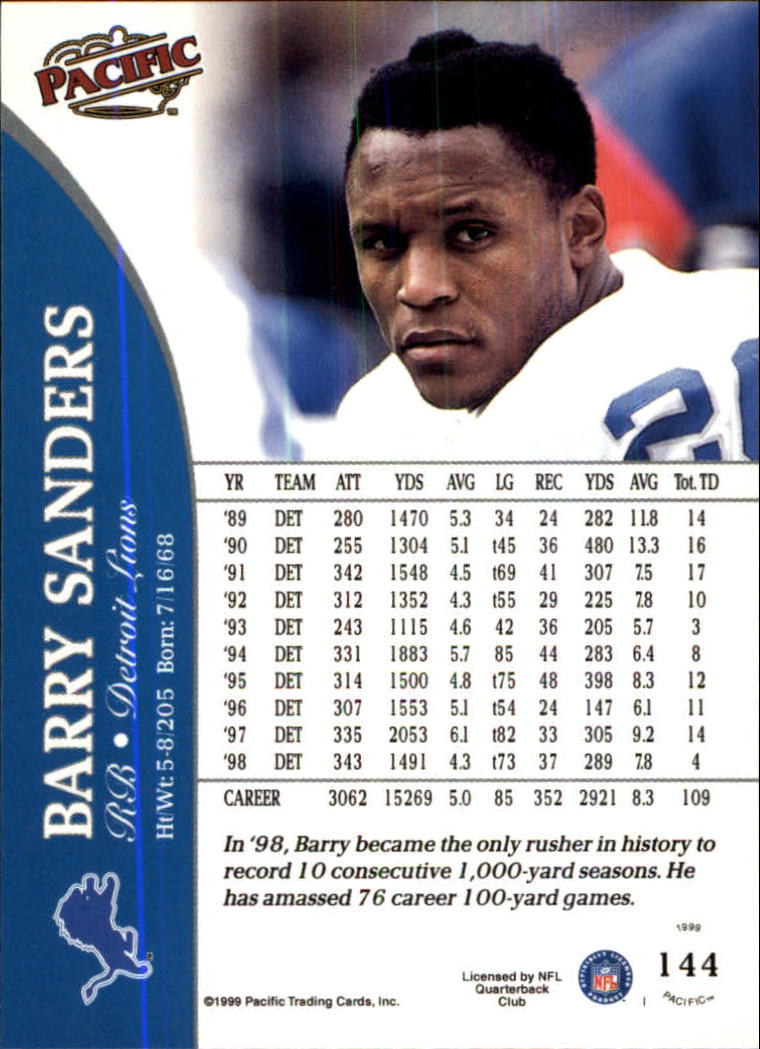1999 Pacific Football Card 144 Barry Sanders EBay