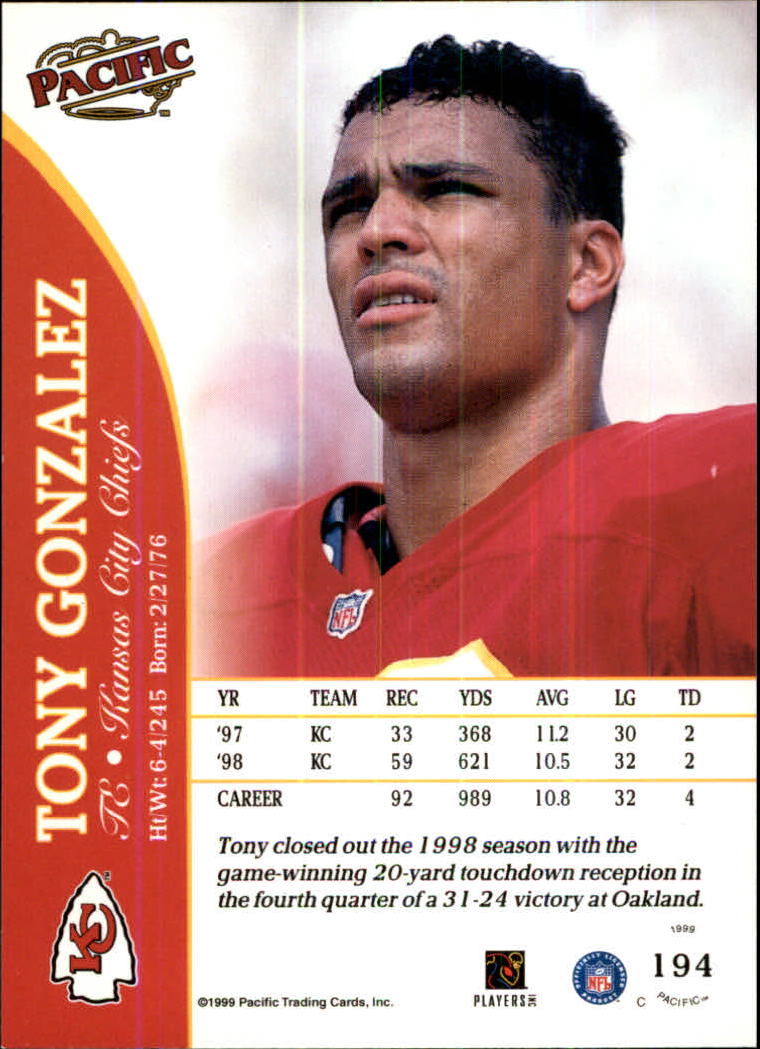 1999 Pacific #194 Tony Gonzalez back image