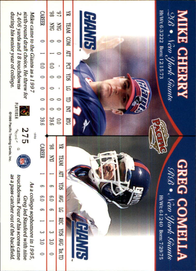1999 Pacific #275 Mike Cherry/Greg Comella RC back image