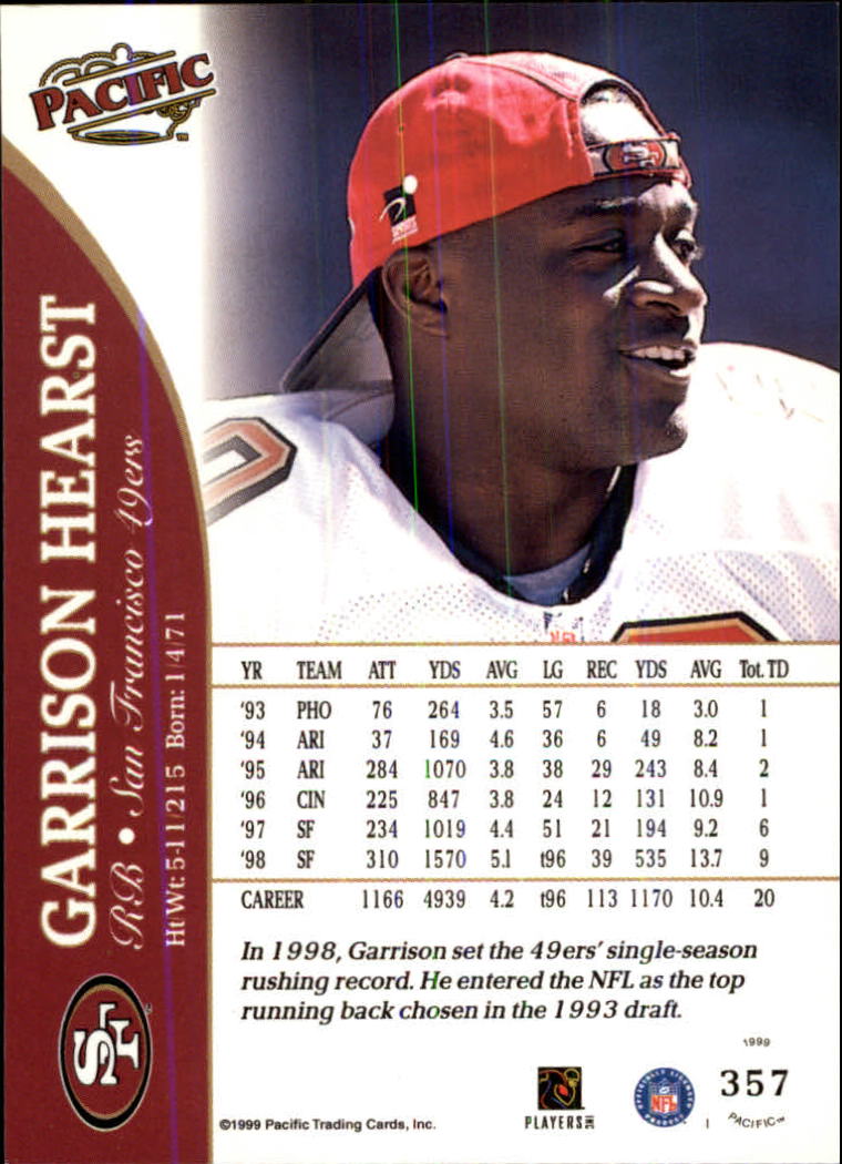 1999 Pacific #357 Garrison Hearst back image
