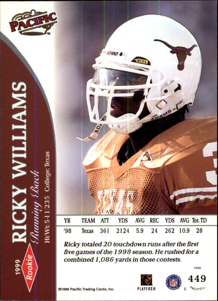 1999 Pacific #449 Ricky Williams RC back image