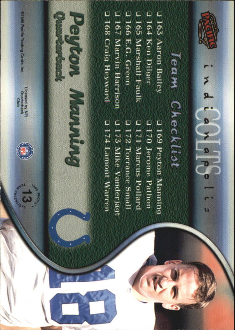 1999 Pacific Team Checklists #13 Peyton Manning back image
