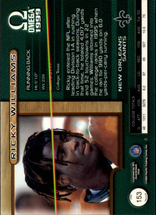 1999 Pacific Omega #153 Ricky Williams RC back image
