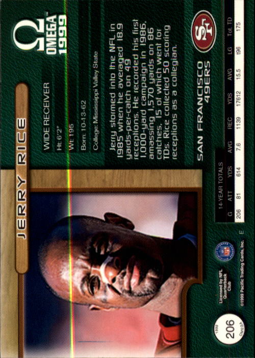1999 Pacific Omega #206 Jerry Rice back image