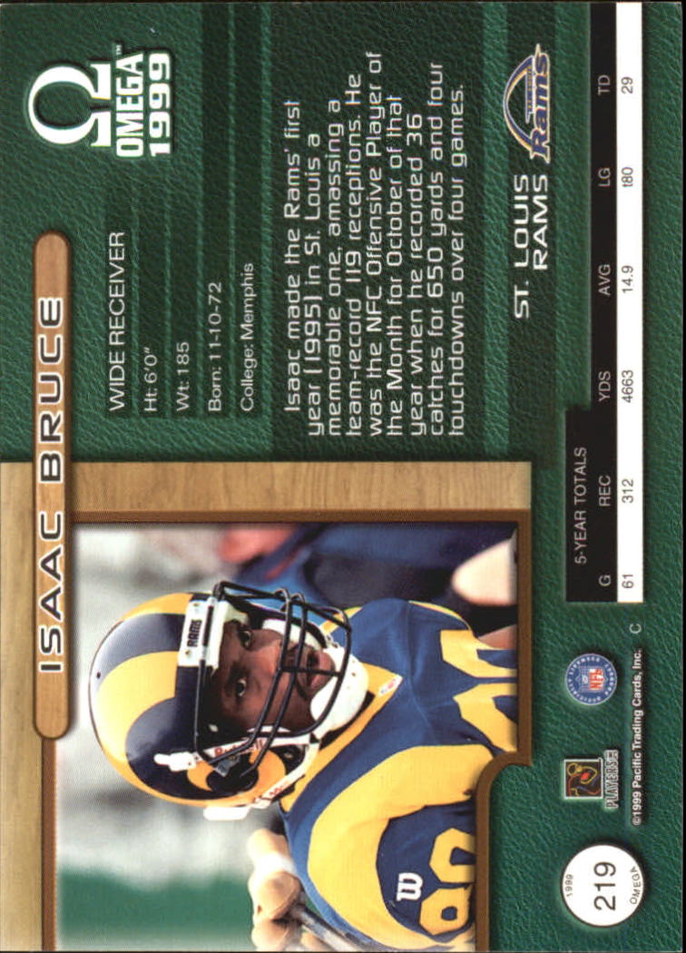 1999 Pacific Omega Premiere Date #219 Isaac Bruce back image