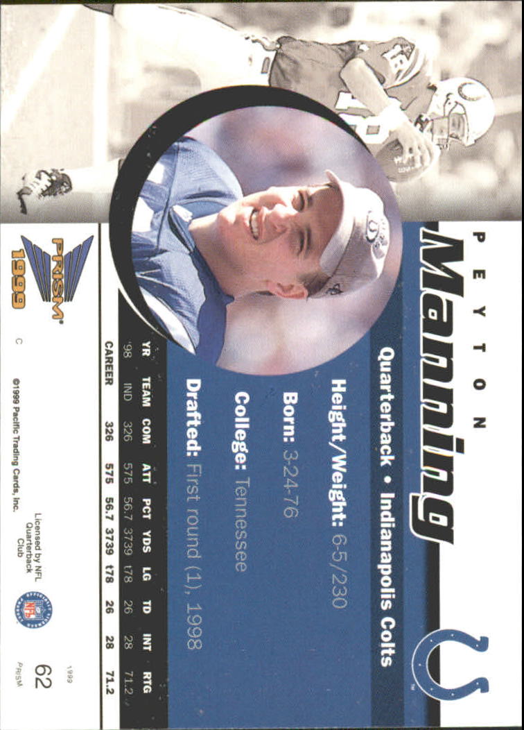 1999 Pacific Prisms Holographic Mirror #62 Peyton Manning back image