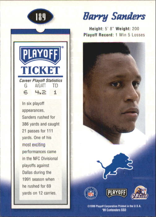 1999 Playoff Contenders SSD #189 Barry Sanders PT back image