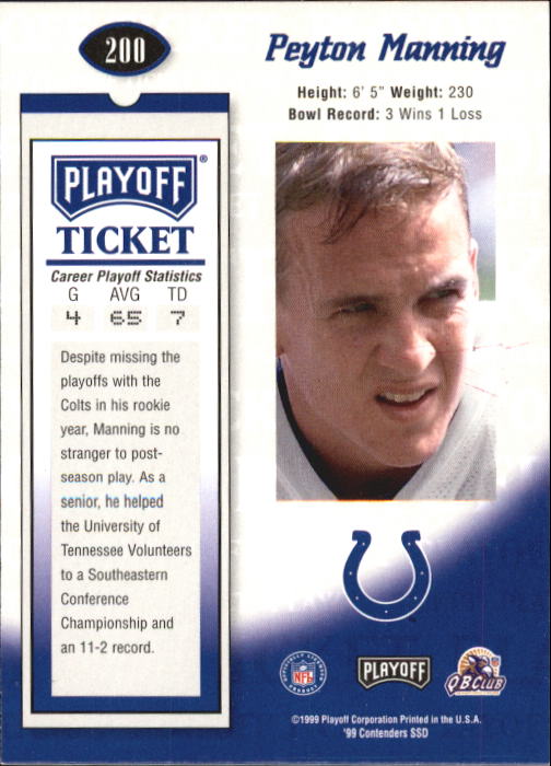 1999 Playoff Contenders SSD #200 Peyton Manning PT back image