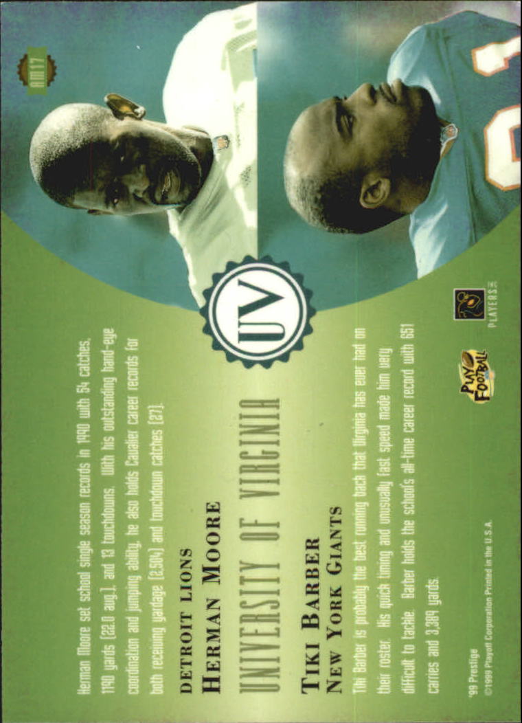 1999 Playoff Prestige EXP Alma Maters #AM17 T.Barber/H.Moore back image