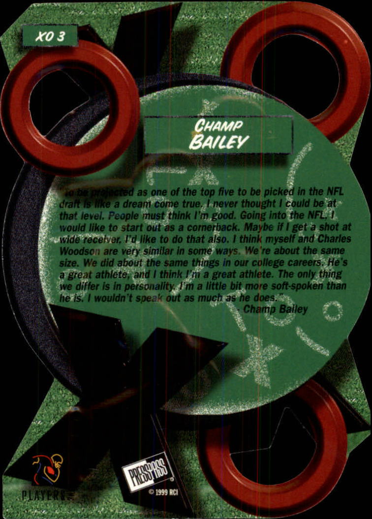 1999 Press Pass X's and O's #XO3 Champ Bailey back image