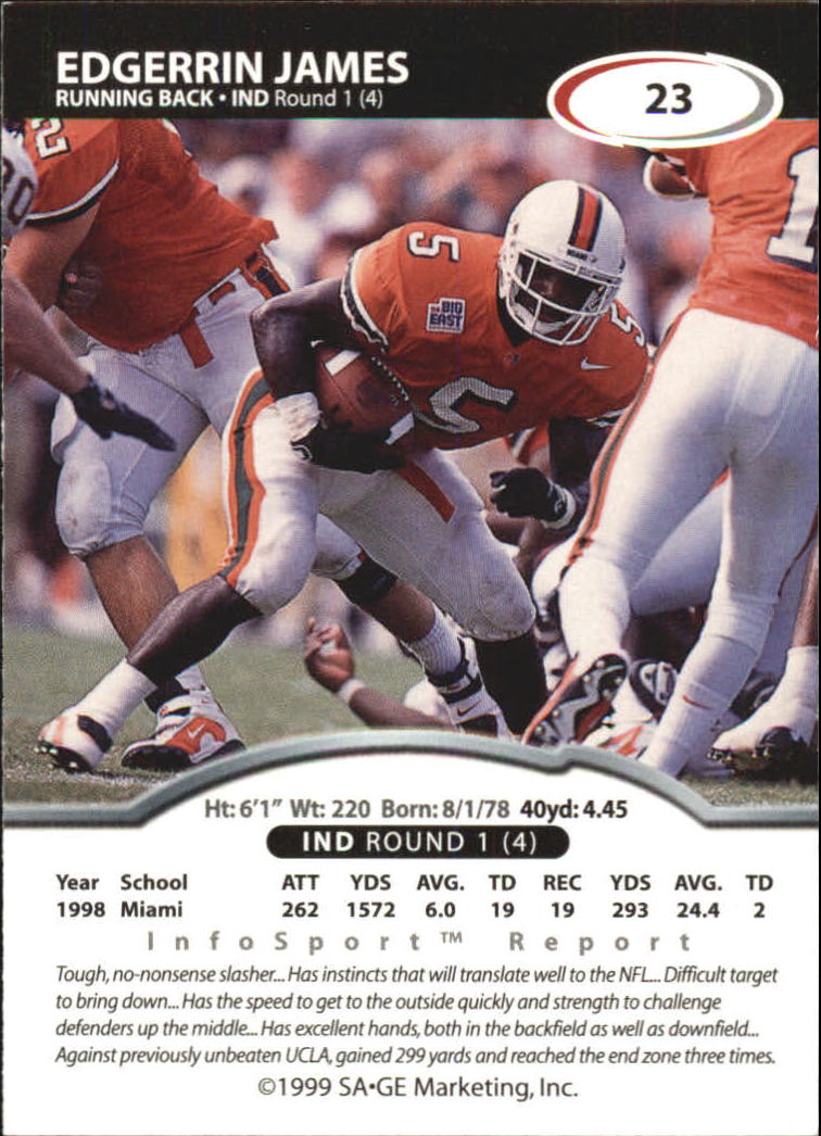 1999 SAGE #23 Edgerrin James back image