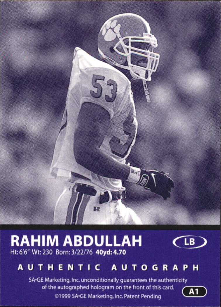 1999 SAGE Autographs Red #A1 Rahim Abdullah/999 back image