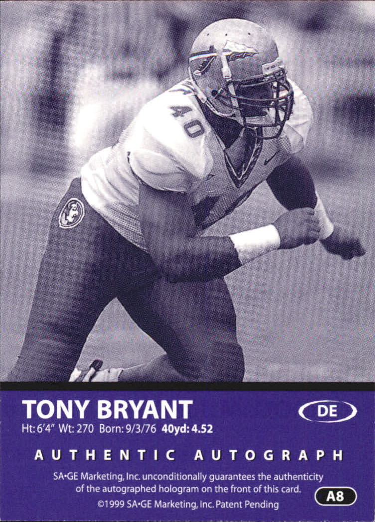 1999 SAGE Autographs Red #A8 Tony Bryant/999 back image