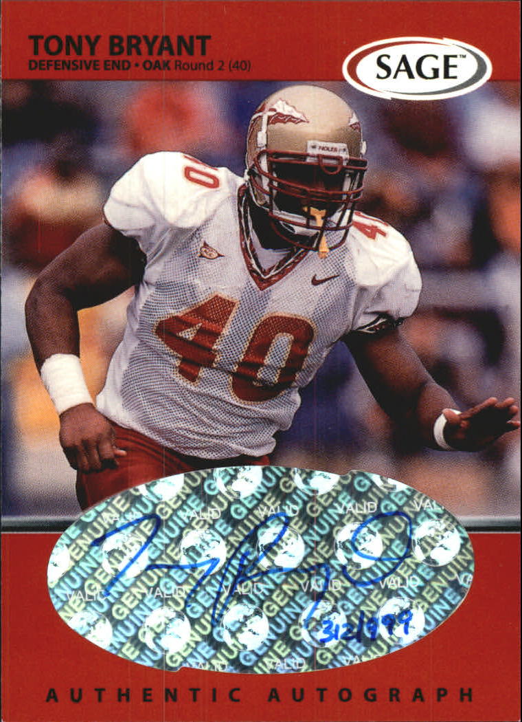 1999 SAGE Autographs Red #A8 Tony Bryant/999