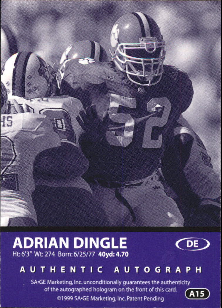 1999 SAGE Autographs Red #A15 Adrian Dingle/999 back image