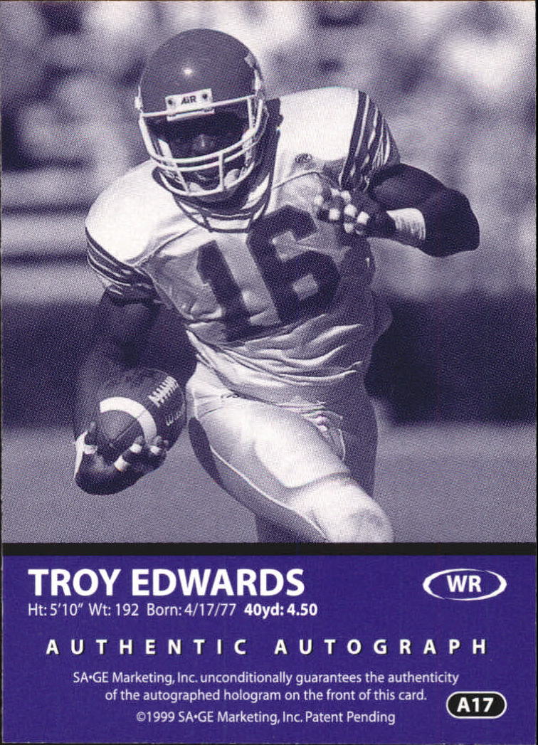 1999 SAGE Autographs Red #A17 Troy Edwards/999 back image