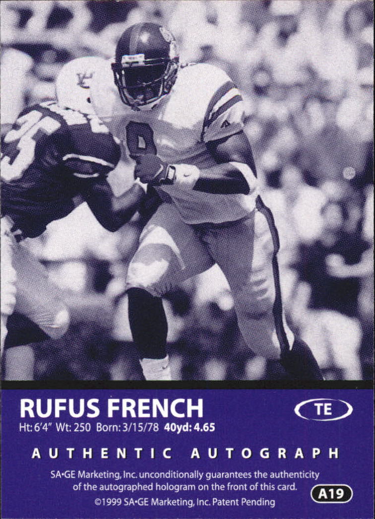1999 SAGE Autographs Red #A19 Rufus French/999 back image