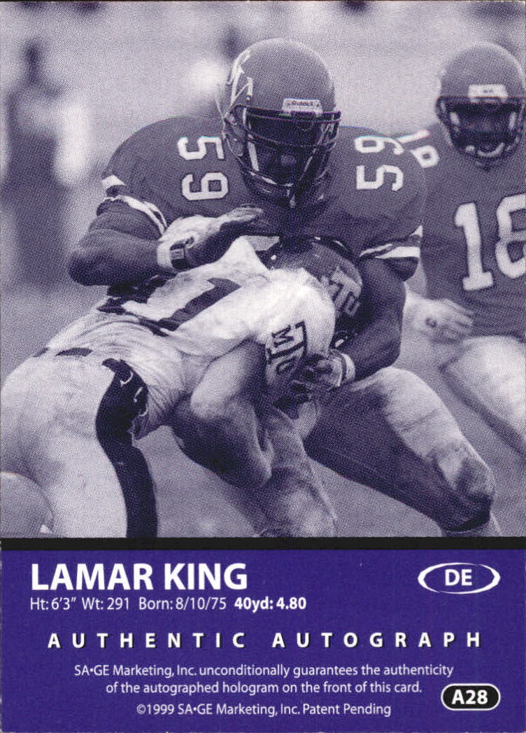 1999 SAGE Autographs Red #A28 Lamar King/999 back image