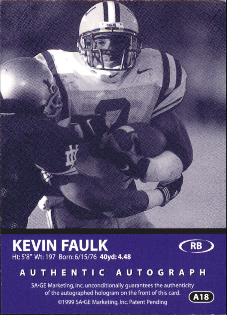 1999 SAGE Autographs Bronze #A18 Kevin Faulk/650 back image