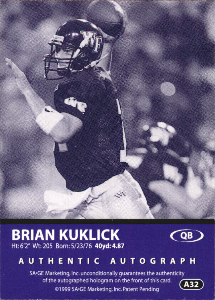 1999 SAGE Autographs Bronze #A32 Brian Kuklick/650 back image