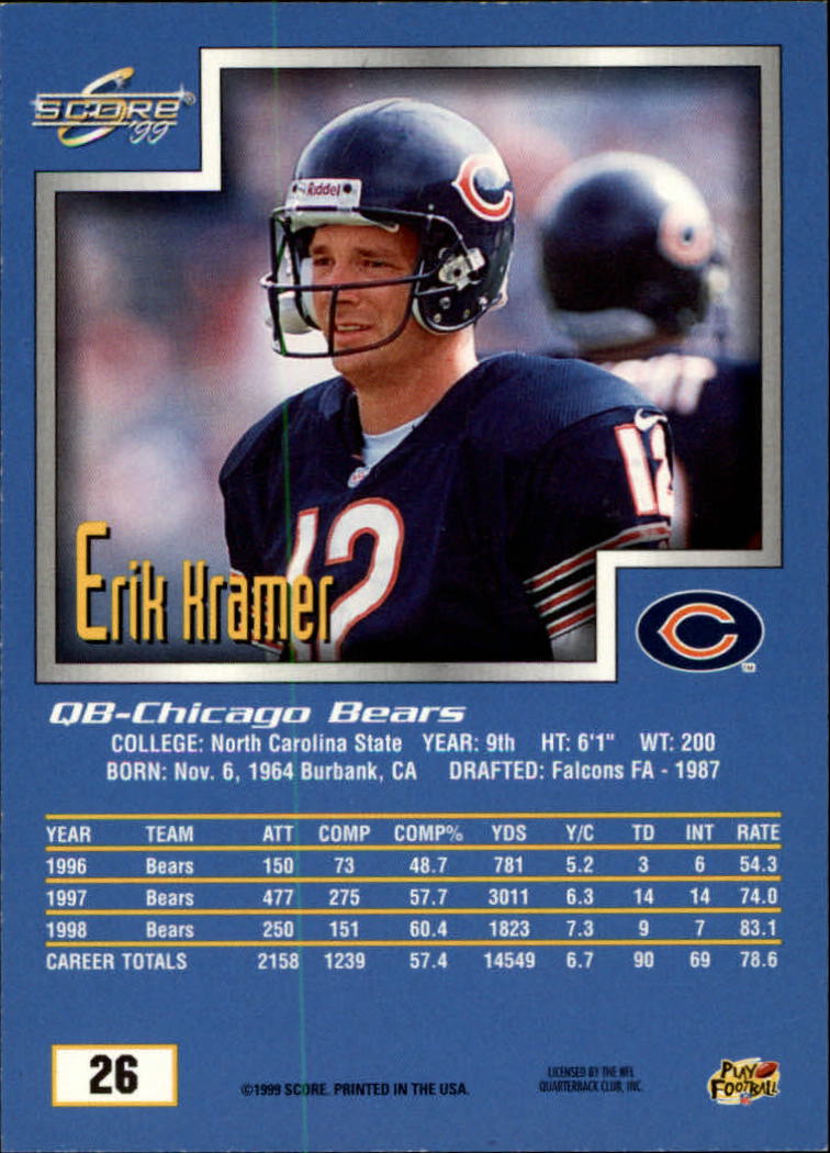 1999 Score #26 Erik Kramer back image