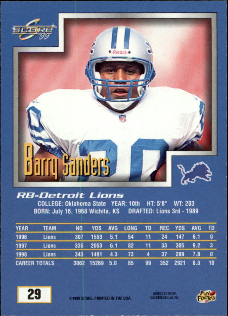 1999 Score #29 Barry Sanders back image