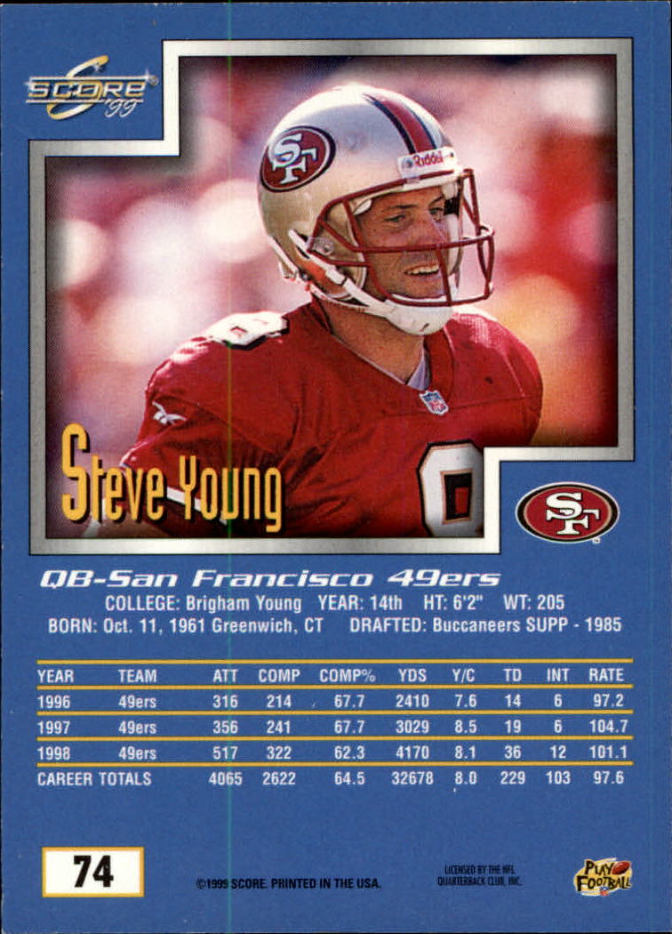 1999 Score #74 Steve Young back image